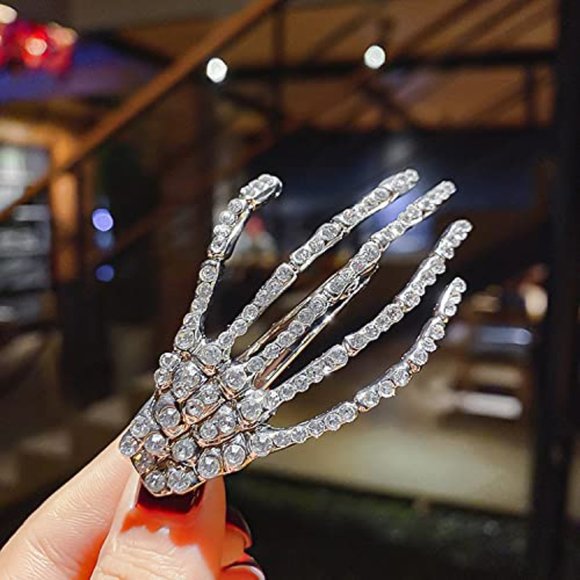 Silver Pave Rhinestone Skeleton Hand Crystal Hair Clip Corpse Hairclip Halloween - Picture 5 of 7